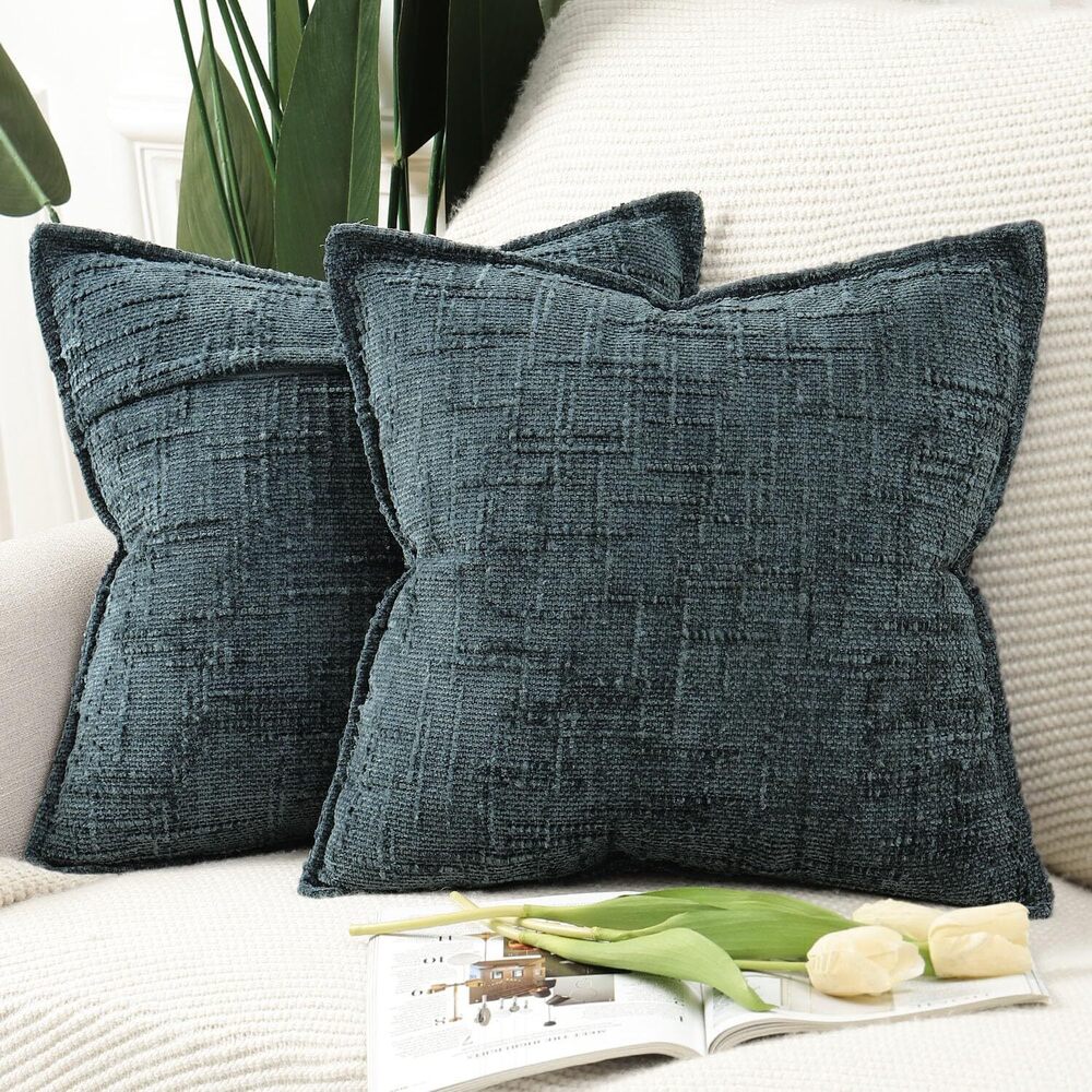 8129 Pack of 2 Chenille Throw Pillow Covers 18x18 Inch Grey Blue Soft